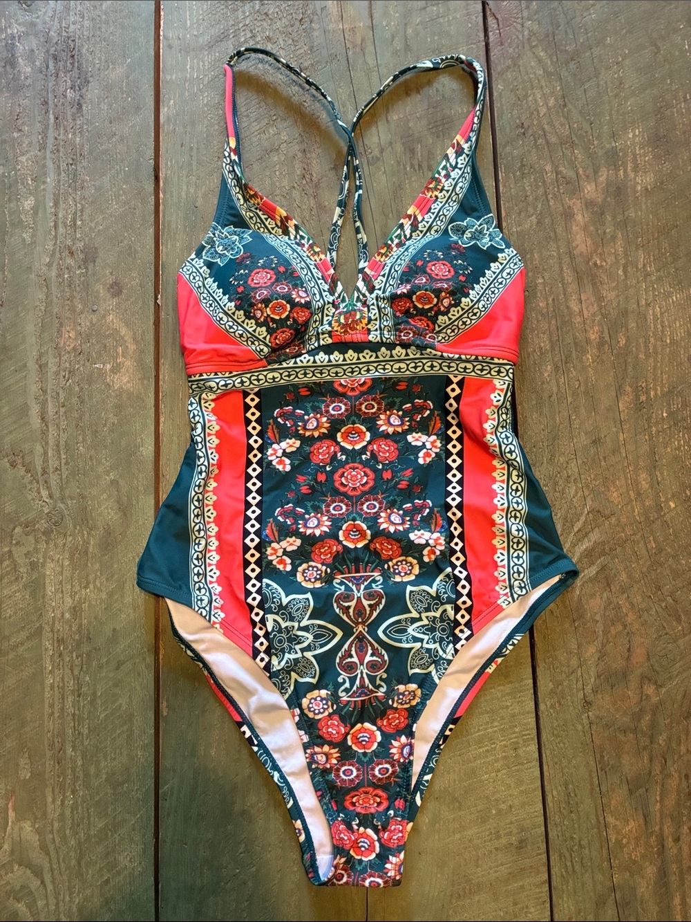 *NWT* Women’s Boho Floral Print One-Piece Swimsuit in Teal & Coral